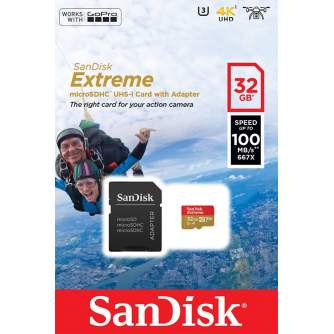 Didelis atminties - SanDisk memory card microSDHC 32GB Action Extreme A1 + adapter SDSQXAF-032G-GN6AA - купить сегодня в магазин