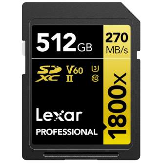 Atmiņas kartes - LEXAR PRO 1800X SDXC U3 (V60) UHS-II R270/W180 512GB LSD1800512G-BNNNG - быстрый заказ от производителя