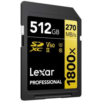 Atmiņas kartes - LEXAR PRO 1800X SDXC U3 (V60) UHS-II R270/W180 512GB LSD1800512G-BNNNG - ātri pasūtīt no ražotāja