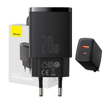 Wall charger - Baseus Compact Quick Charger, USB, USB-C, 20W (black) CCXJ-B01 - quick order from manufacturer