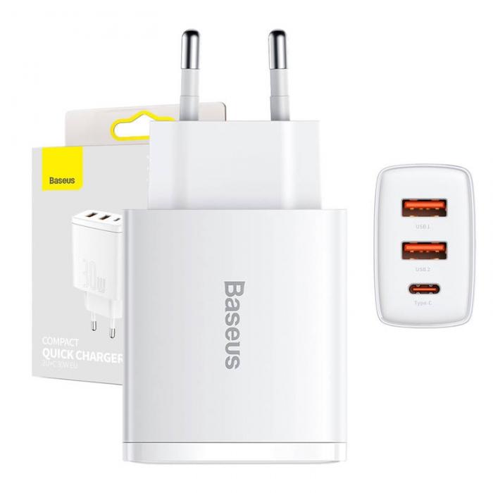 Wall charger - adowarka sieciowa Baseus Compact Quick Charger, 2xUSB, USB-C, PD, 3A, 30W (biaa) - quick order from manufacturer