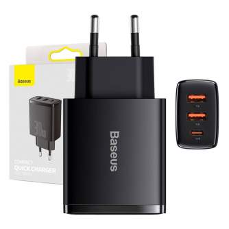 Wall charger - adowarka sieciowa Baseus Compact Quick Charger, 2xUSB, USB-C, PD, 3A, 30W (czarna) - quick order from manufacturer