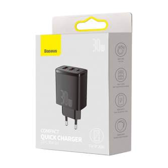 Wall charger - adowarka sieciowa Baseus Compact Quick Charger, 2xUSB, USB-C, PD, 3A, 30W (czarna) - quick order from manufacturer