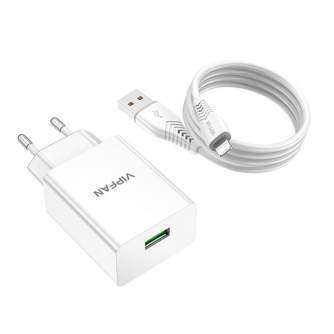 Discontinued - Network charger Vipfan E03, 1x USB, 18W, QC 3.0 + Lightning cable (white) E03S-L