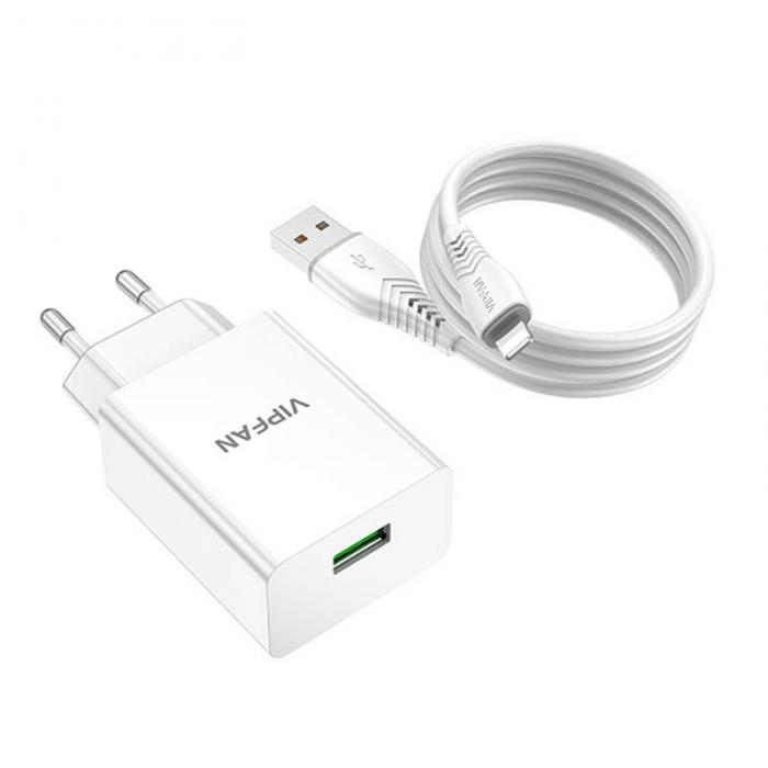 Telefonų, planšetinių kompiuterių ir GPS įkrovikliai - Network charger Vipfan E03, 1x USB, 18W, QC 3.0 + Lightning cable (white)