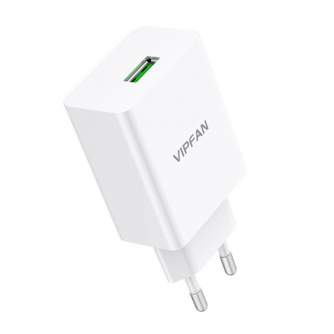 Telefonų, planšetinių kompiuterių ir GPS įkrovikliai - Network charger Vipfan E03, 1x USB, 18W, QC 3.0 + Lightning cable (white)