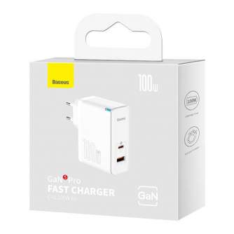 Telefonų, planšetinių kompiuterių ir GPS įkrovikliai - Wall charger Baseus GaN5 Pro USB-C + USB, 100W + 1m cable (white) CCGP090