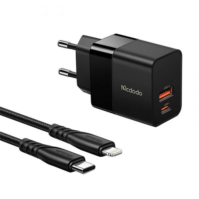 Mobilo tālruņu, planšetdatoru, GPS lādētāji - Wall charger Mcdodo CH-1952 USB + USB-C, 20W + USB-C to Lightning cable (black) - ātri pasūtīt no ražotāja