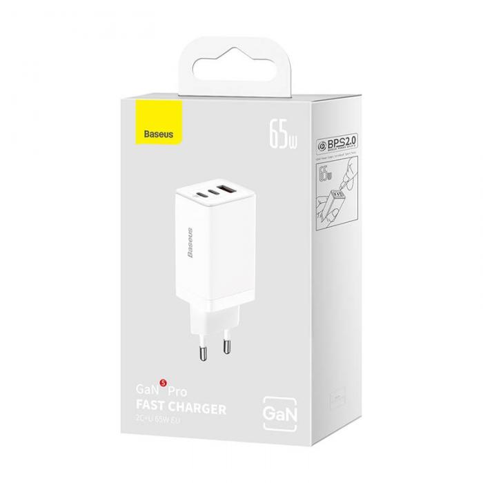 Telefonų, planšetinių kompiuterių ir GPS įkrovikliai - Wall charger Baseus GaN5 Pro 2xUSB-C + USB, 65W (white) CCGP120202 - быст