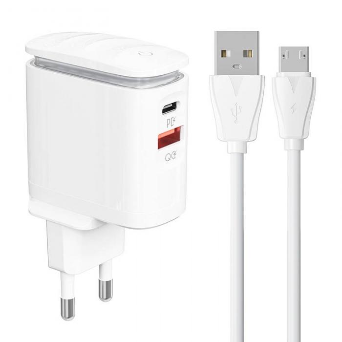 Telefonų, planšetinių kompiuterių ir GPS įkrovikliai - Wall charger LDNIO A2423C USB, USB-C + MicroUSB cable A2423C Micro - быст