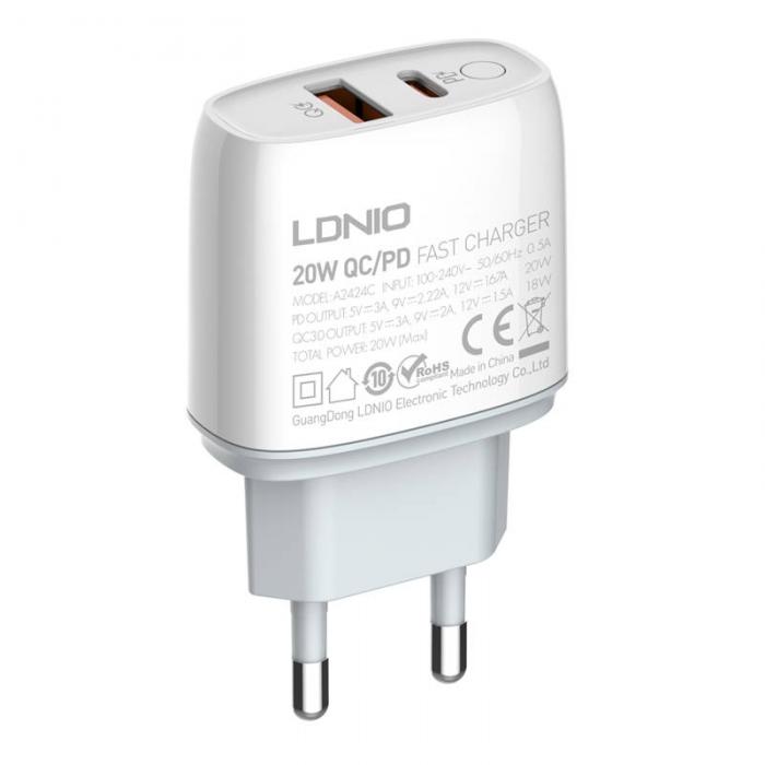 Telefonų, planšetinių kompiuterių ir GPS įkrovikliai - Wall charger LDNIO A2424C USB, USB-C 20W + USB-C - Lightning Cable A2424C