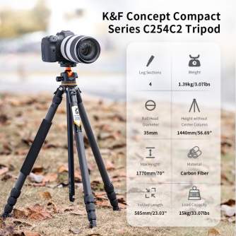 Tripod Accessories - K&F Concept 1.7m Carbon Fiber Travel Tripod Max Height,lightweight tripod 15kg Load for DSLR Cameras A254C4+BH-35L KF09.098 - quick order from manufacturer