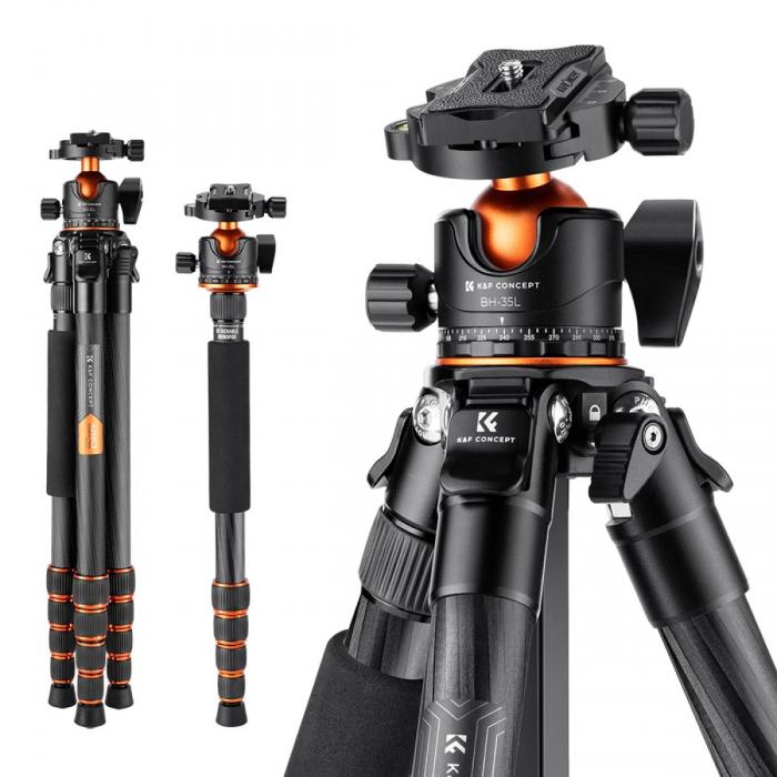 Statīvu aksesuāri - K&F Concept K&F Professional Carbon Fiber Tripod 15kg Max Load,Compact & Portable with 360 Ball Head & Detac