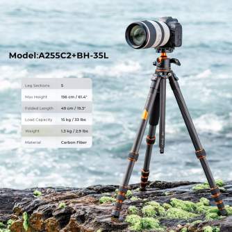 Statīvu aksesuāri - K&F Concept Professional Carbon Fiber Tripod 15kg Max Load,Compact & Portable with 360° Ball Head & Detachable Monopod,A255C2... - ātri pasūtīt no ražotāja