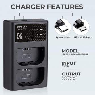 Chargers for Camera Batteries - K&F Concept LPE6NH Digital Camera Dual Channel Charger with type c Charging - quick order from manufacturer