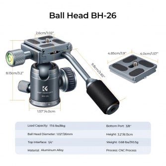 Statīvu galvas - K&F Concept 26mm Metal Tripod Ball Head with Handle 360 Degree Rotating Panoramic with 1/4 inch Quick Release KF31.049V1 - ātri pasūtīt no ražotāja