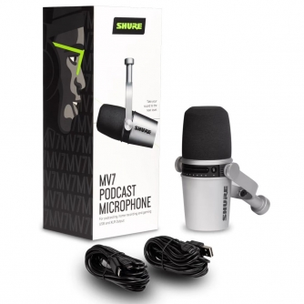 Podkāstu mikrofoni - Shure MV7 Silver dinamiskais podkāsta mikrofons - ātri pasūtīt no ražotāja