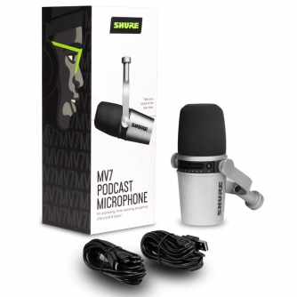 Podcast Microphones - Shure MV7 Silver Dynamic Podcast Microphone - quick order from manufacturer