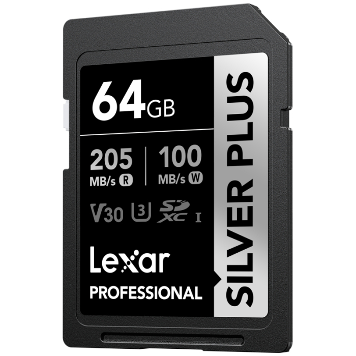 Memory Cards - LEXAR SDXC PROFESSIONAL SILVER PLUS UHS-I/U3/A2/4K R205/W100 (V30) 64GB LSDSIPL064G-BNNNG - quick order from manufacturer