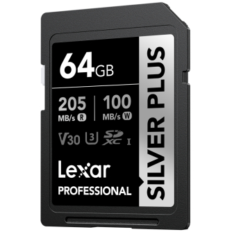 Memory Cards - LEXAR SDXC PROFESSIONAL SILVER PLUS UHS-I/U3/A2/4K R205/W100 (V30) 64GB LSDSIPL064G-BNNNG - quick order from manufacturer