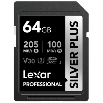 Memory Cards - LEXAR SDXC PROFESSIONAL SILVER PLUS UHS-I/U3/A2/4K R205/W100 (V30) 64GB LSDSIPL064G-BNNNG - quick order from manufacturer