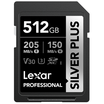 Memory Cards - LEXAR SDXC PROFESSIONAL SILVER PLUS UHS-I/U3/A2/4K R205/W150 (V30) 512GB LSDSIPL512G-BNNNG - quick order from manufacturer