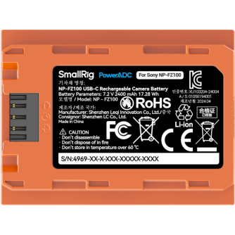 Camera Batteries - SMALLRIG 4969 NP-FZ100 USB-C RECHARGEABLE CAMERA BATTERY ORANGE 4969 - quick order from manufacturer