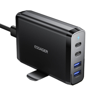 Galdaladetajs2xUSB-C2xUSB-A100WEssagerGaN(melns)