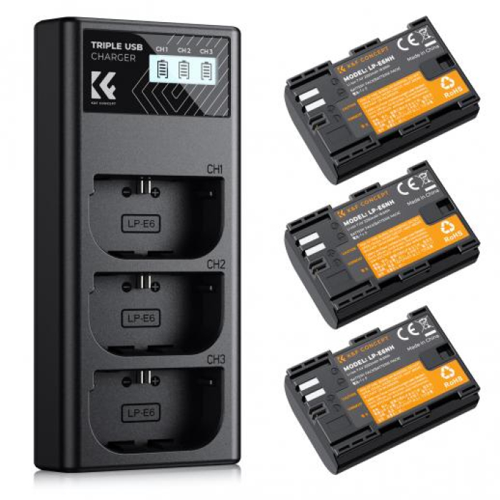 Camera Batteries - K&F Concept K&F LP-E6NH Camera Battery 2250mAh, 3-pack + Charger LCD display - buy today in store and with delivery