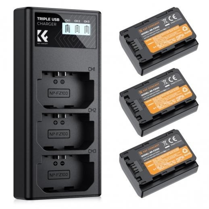 Chargers for Camera Batteries - K&F NP-FZ100 Camera Battery 2280mAh, 3-pack + Charger LCD display charger set - buy today in store and with delivery