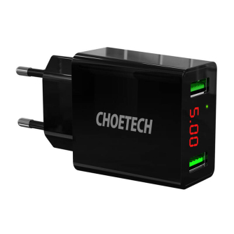 AC adapteri, strāvas vadi - Choetech 2*USB-A network charger with display (black) C0028 - perc šodien veikalā un ar piegādi