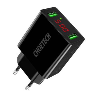 AC adapteri, strāvas vadi - Choetech 2*USB-A network charger with display (black) C0028 - perc šodien veikalā un ar piegādi